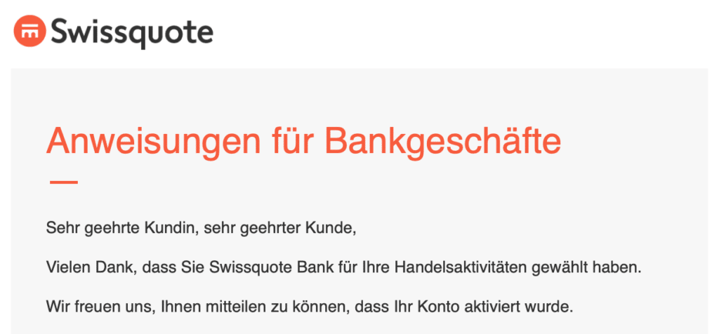 Swissquote Eröffnungs-E-Mail