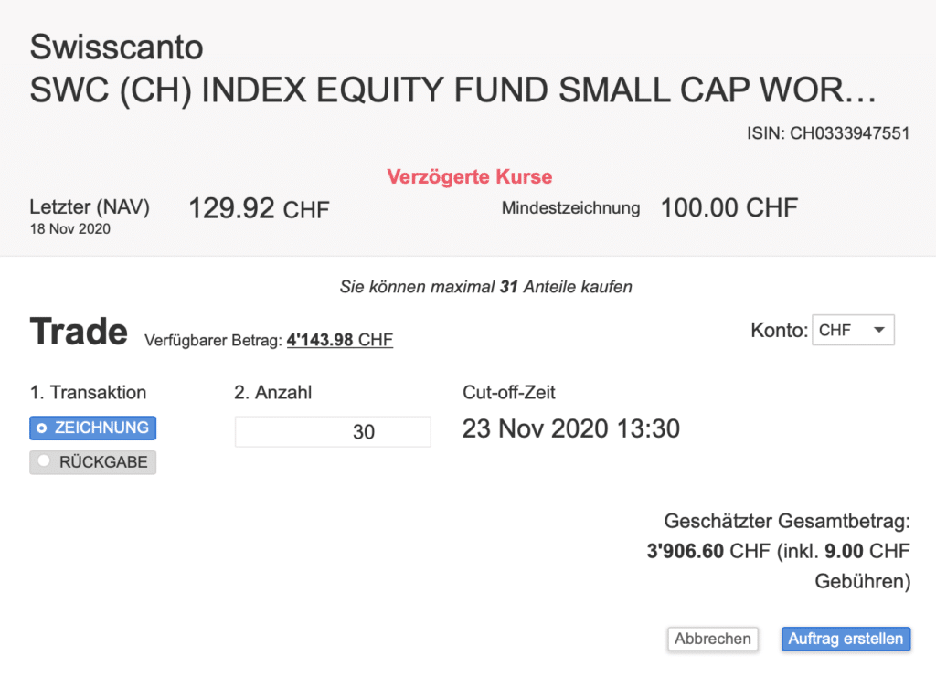 Printscreen Swissquote Indexfonds Kauf