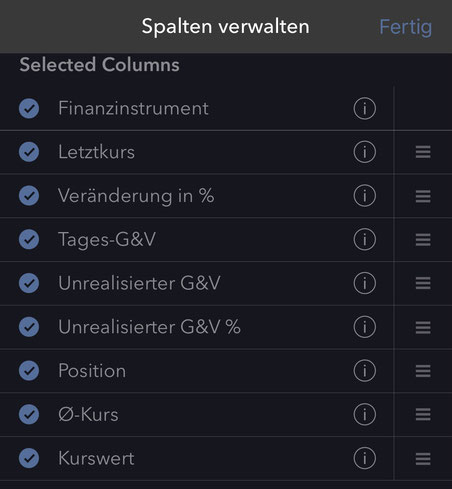 Screenshot Spalten verwalten CapTrader