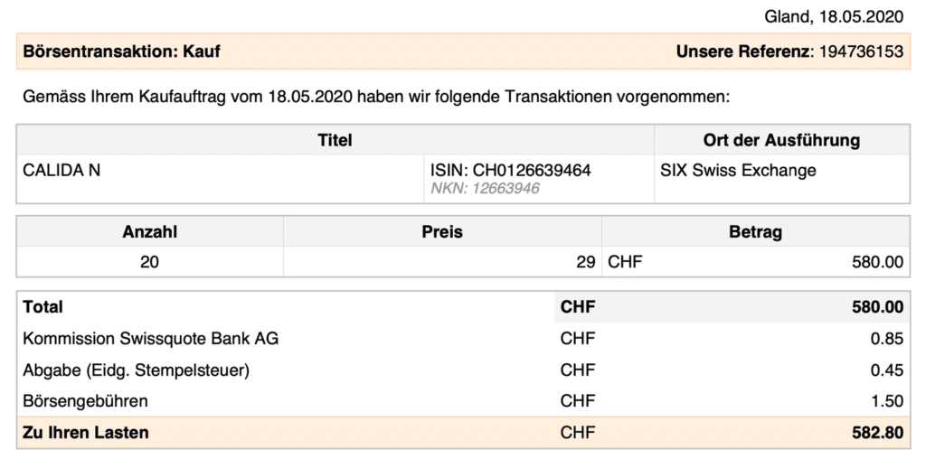 Swissquote Transaktionsbeleg