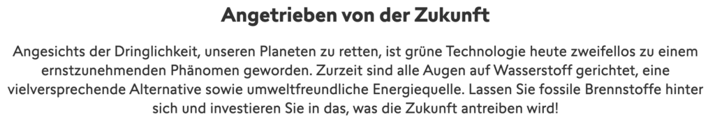 Werbetext Swissquote Tracker Zertifikat "Grüner Wasserstoff".