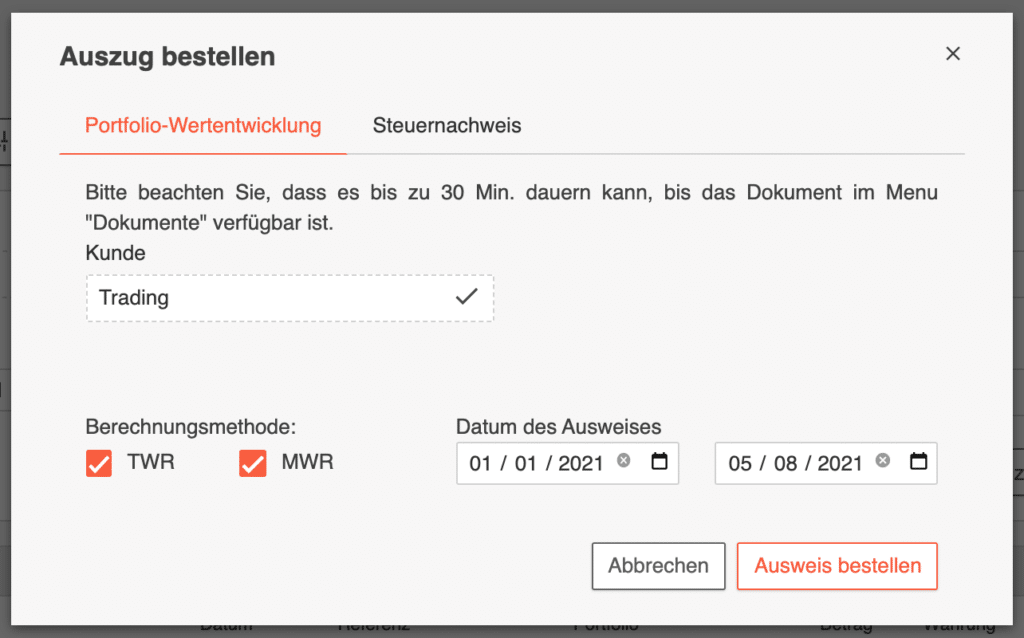 Swissquote Auszug bestellen