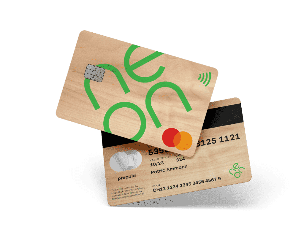 neon green-Karte, Kreditkarte Mastercard, Kirschholz