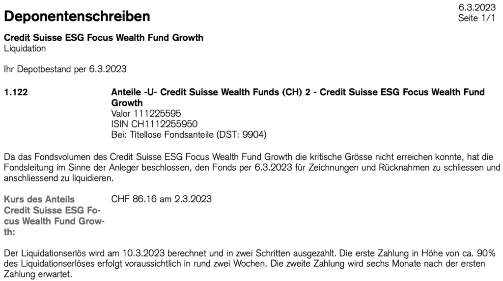 CSX Anlegen Schreiben Fondsliquidation