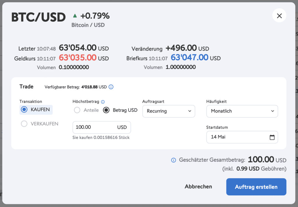 Swissquote Bitcoin Sparplan Auftrag erstellen