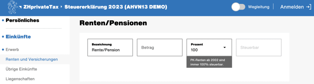 Pensionskassenrente Steuererklärung Beispiel